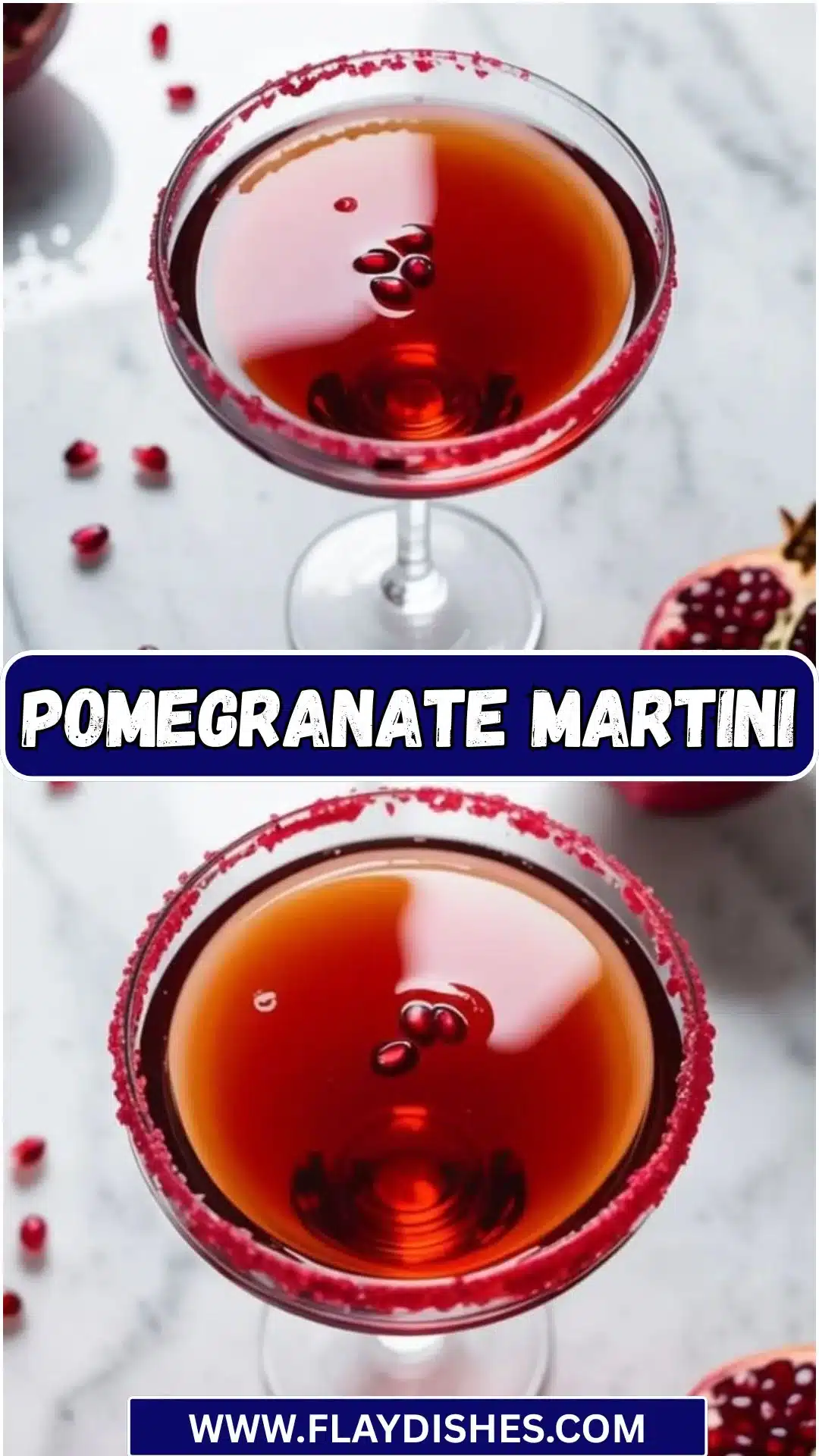 Pomegranate Martini 12 A delicious Pomegranate Martini garnished with fresh pomegranate seeds and a twist of lime.