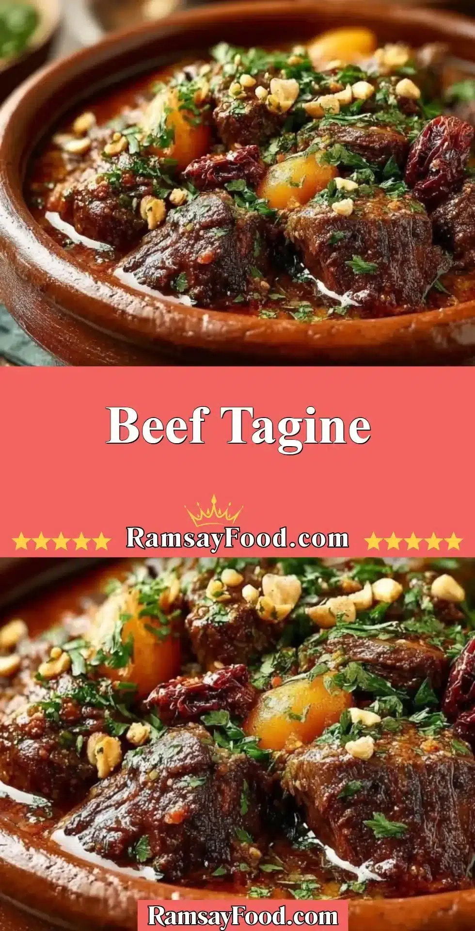 Delicious Beef Tagine served with vegetables and spices in a traditional Moroccan pot.