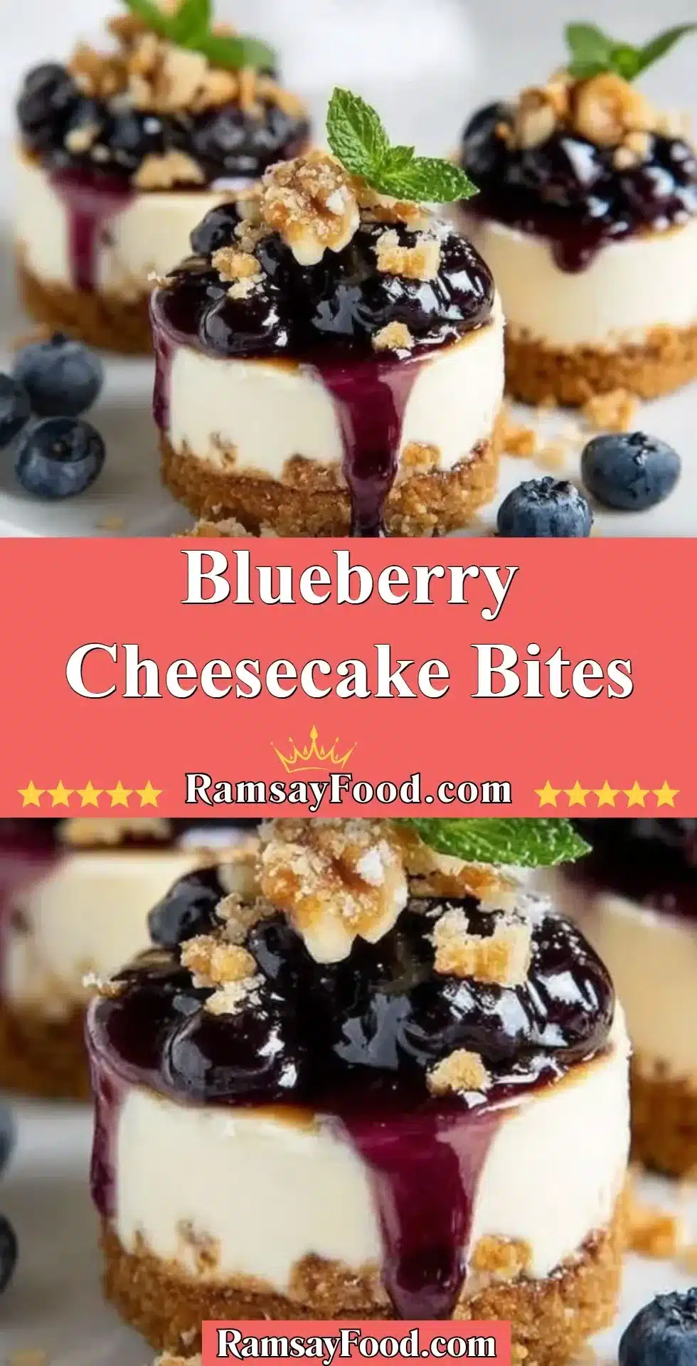 Blueberry Cheesecake Bites 2 Blueberry cheesecake bites on a plate with fresh blueberries