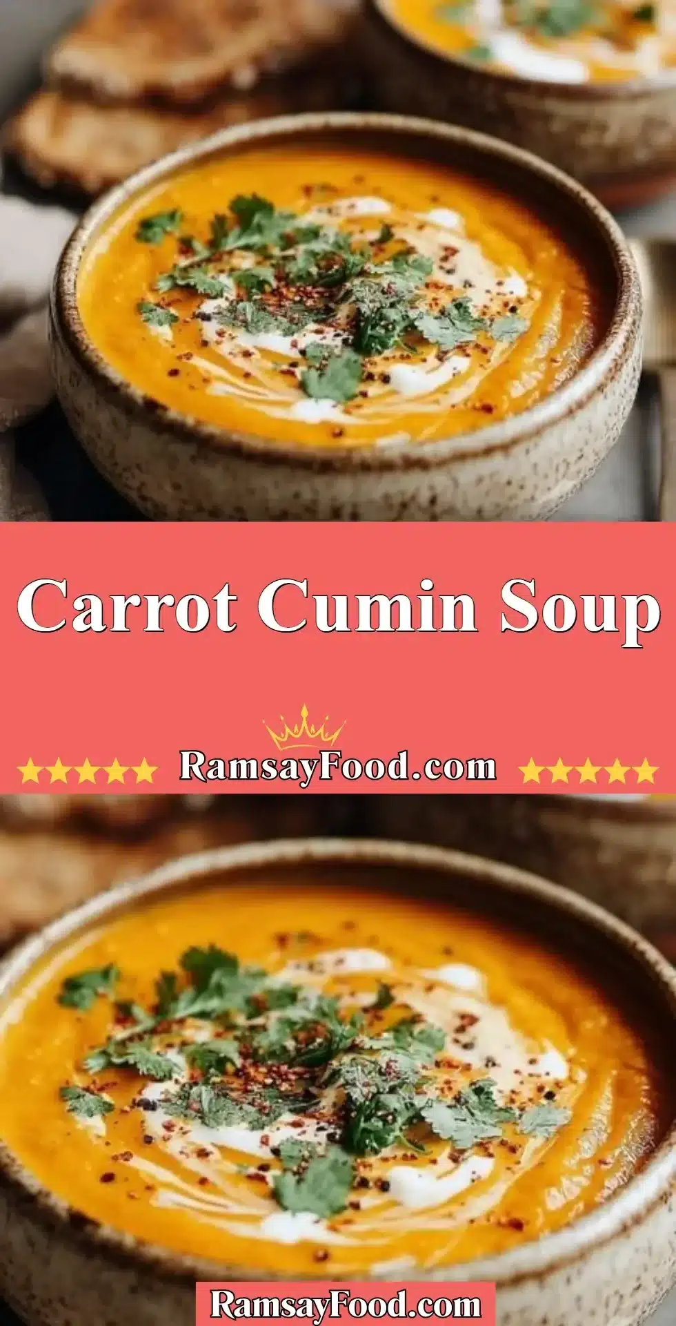 Carrot Cumin Soup 19 Creamy carrot cumin soup served in a bowl garnished with fresh herbs