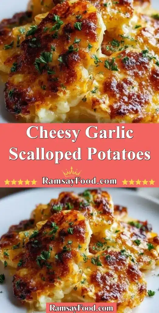 Baked cheesy garlic scalloped potatoes topped with fresh herbs and cheese