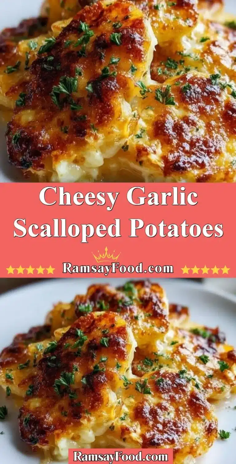 Cheesy Garlic Scalloped Potatoes 7 Baked cheesy garlic scalloped potatoes topped with fresh herbs and cheese