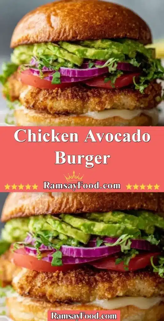 Healthy Chicken Avocado Burger topped with fresh greens and avocado slices