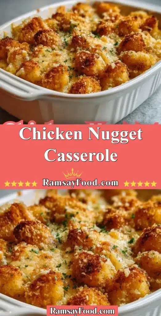 Delicious Chicken Nugget Casserole topped with cheese and vegetables