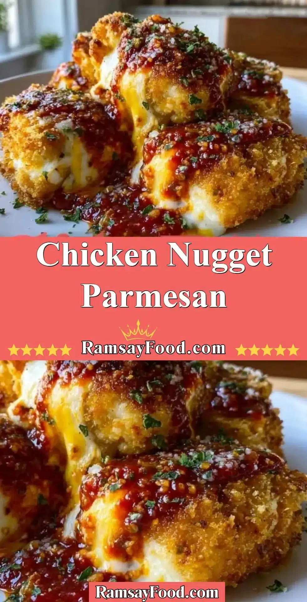 A plate of Chicken Nugget Parmesan garnished with fresh herbs and cheese.