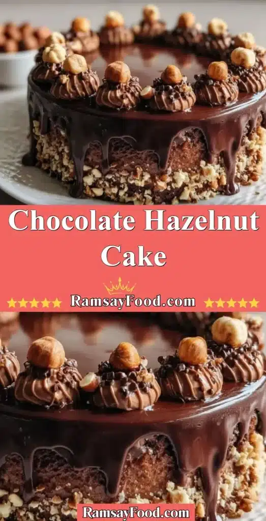 Delicious slice of Chocolate Hazelnut Cake topped with hazelnuts and chocolate ganache