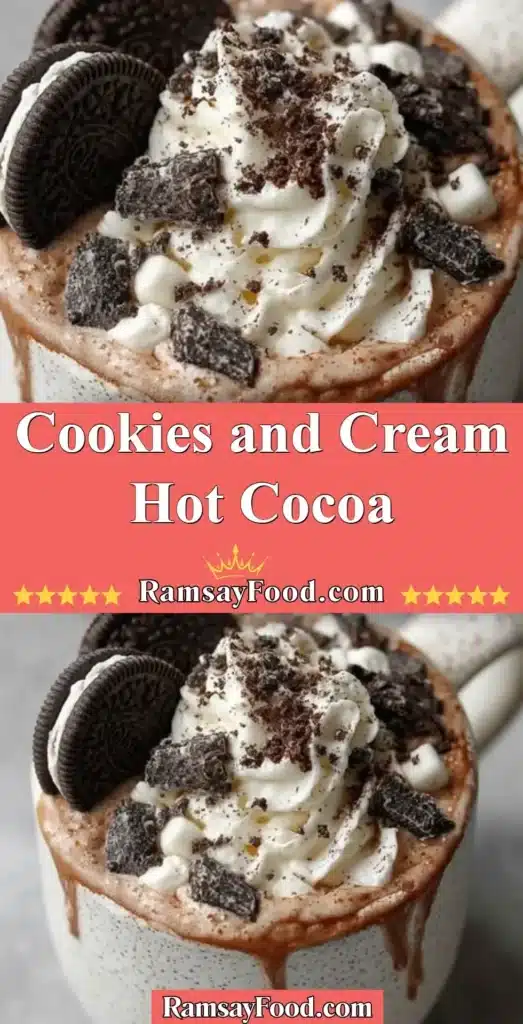 Delicious Cookies and Cream Hot Cocoa topped with whipped cream and cookie crumbles