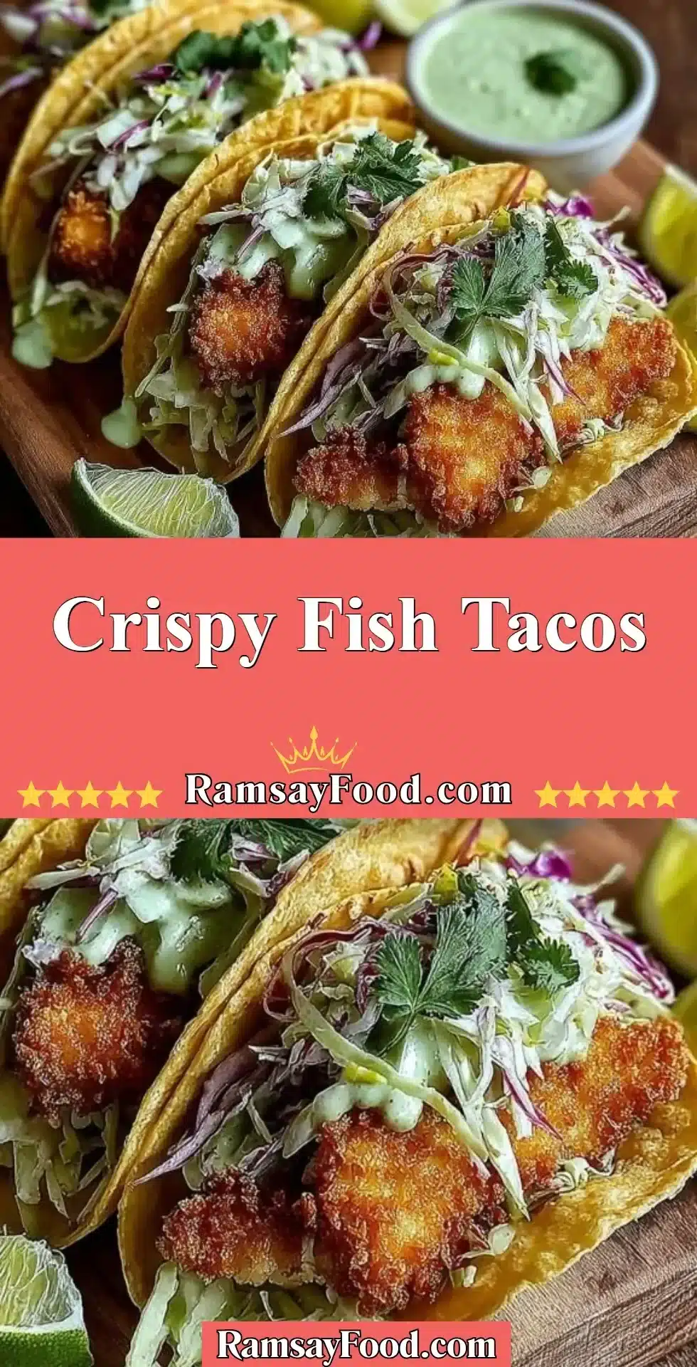 Crispy Fish Tacos 2 Crispy fish tacos topped with fresh vegetables and zesty sauce