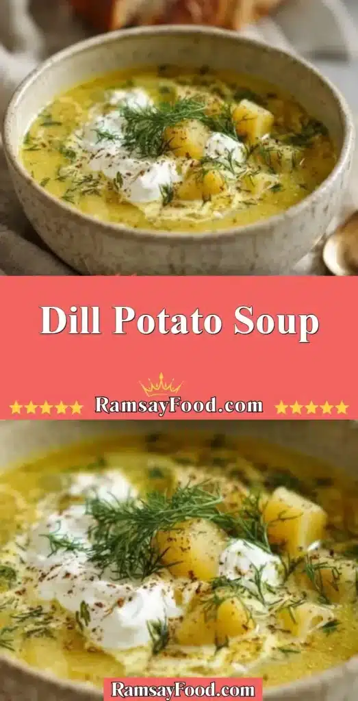 Bowl of creamy dill potato soup garnished with fresh dill sprigs.