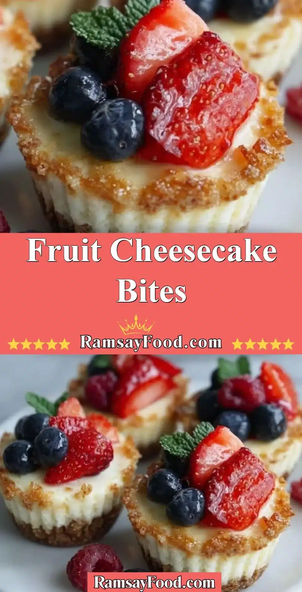 Fruit Cheesecake Bites 2 Delicious fruit cheesecake bites served on a plate, topped with fresh berries.