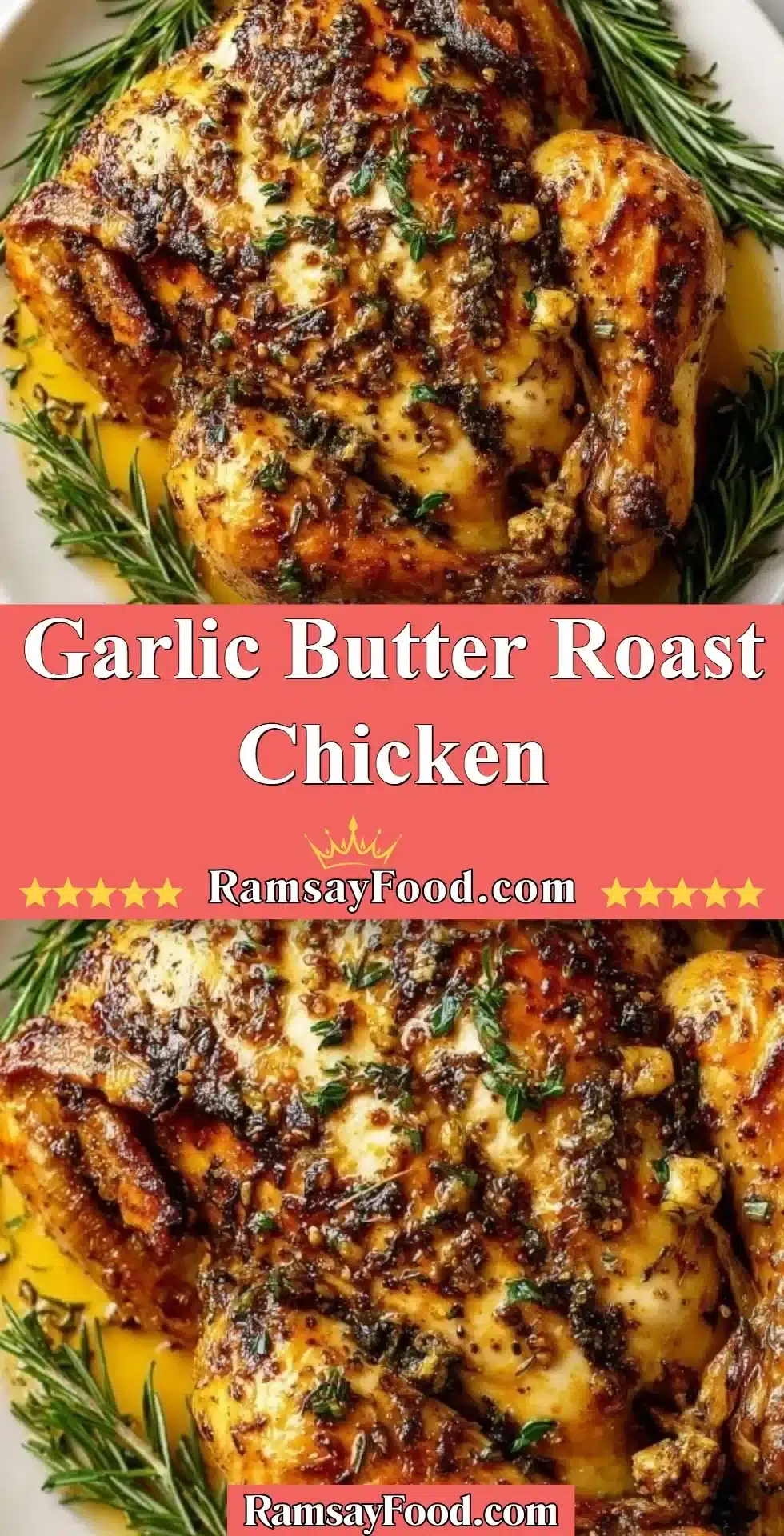 Garlic Butter Roast Chicken served with fresh herbs and roasted vegetables