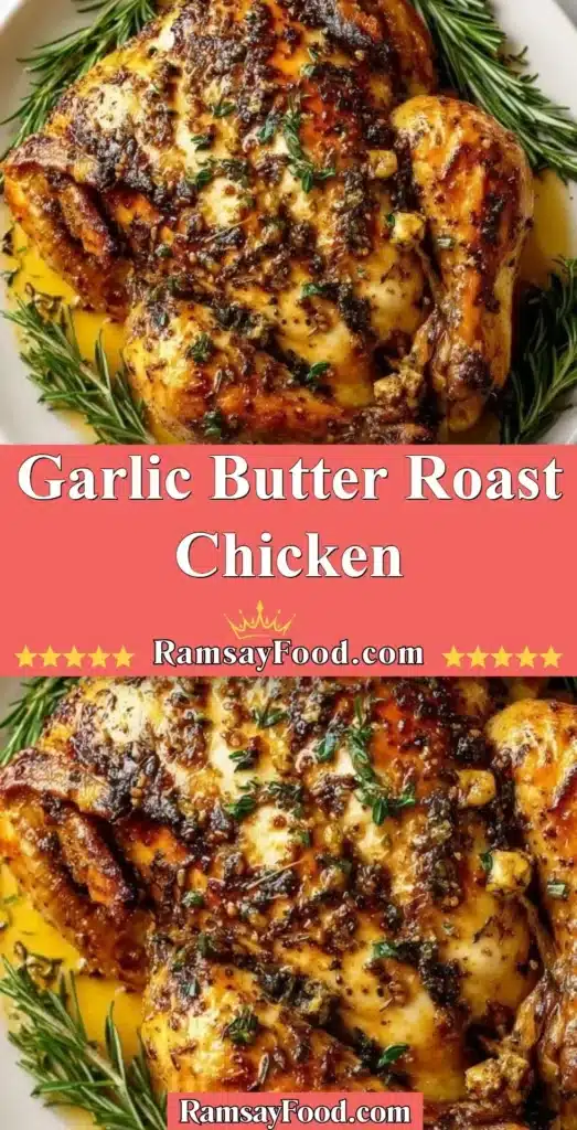 Juicy garlic butter roast chicken garnished with herbs on a wooden platter