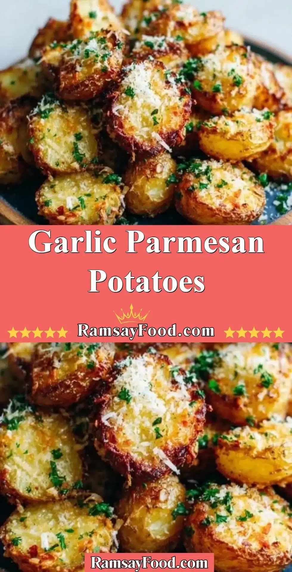 Garlic Parmesan Potatoes 25 Plate of crispy Garlic Parmesan Potatoes garnished with parsley