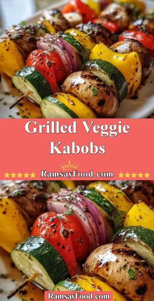 Colorful grilled veggie kabobs with bell peppers, zucchini, and mushrooms on skewers
