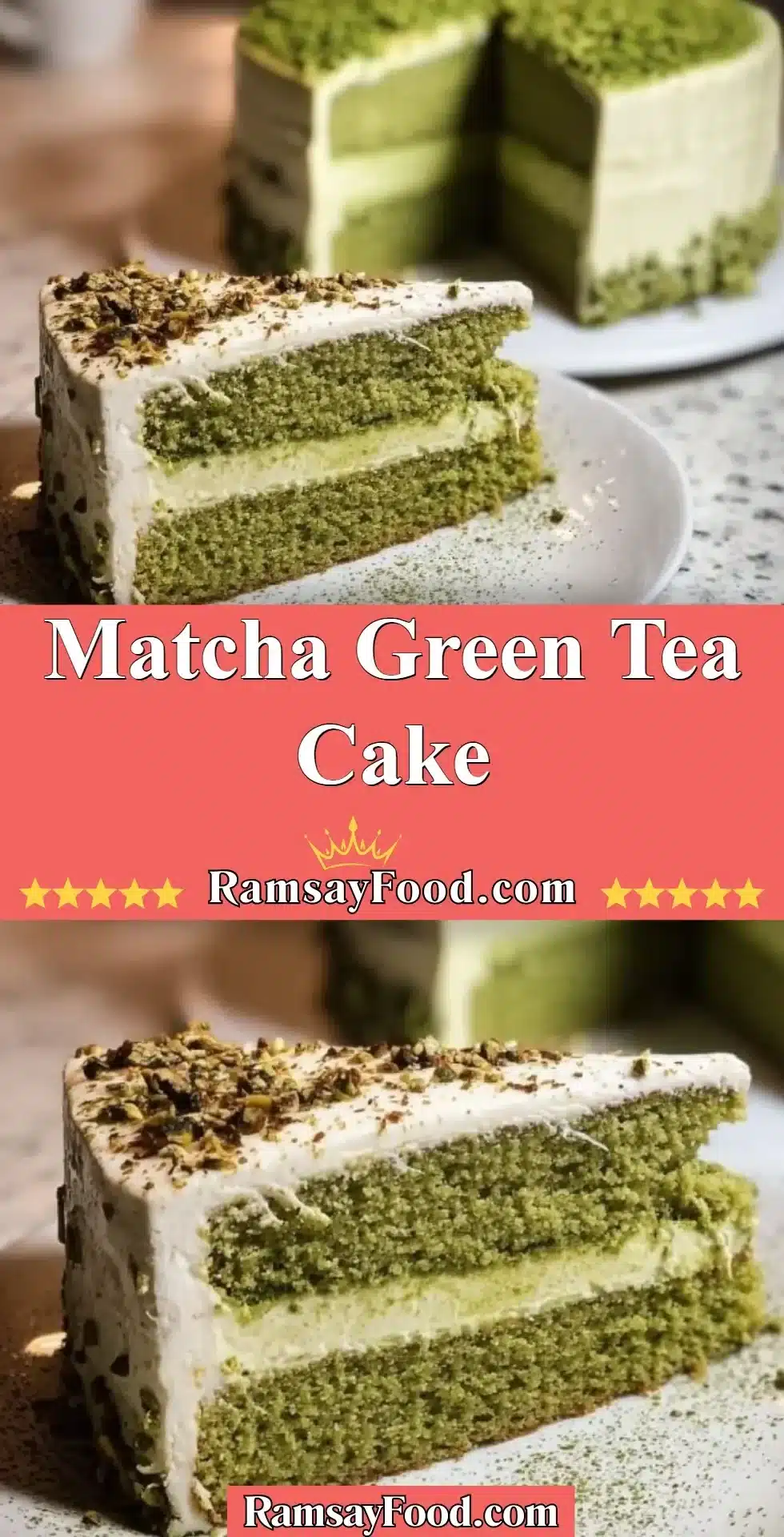Matcha Green Tea Cake 2 Delicious slice of matcha green tea cake on a plate with fresh berries.