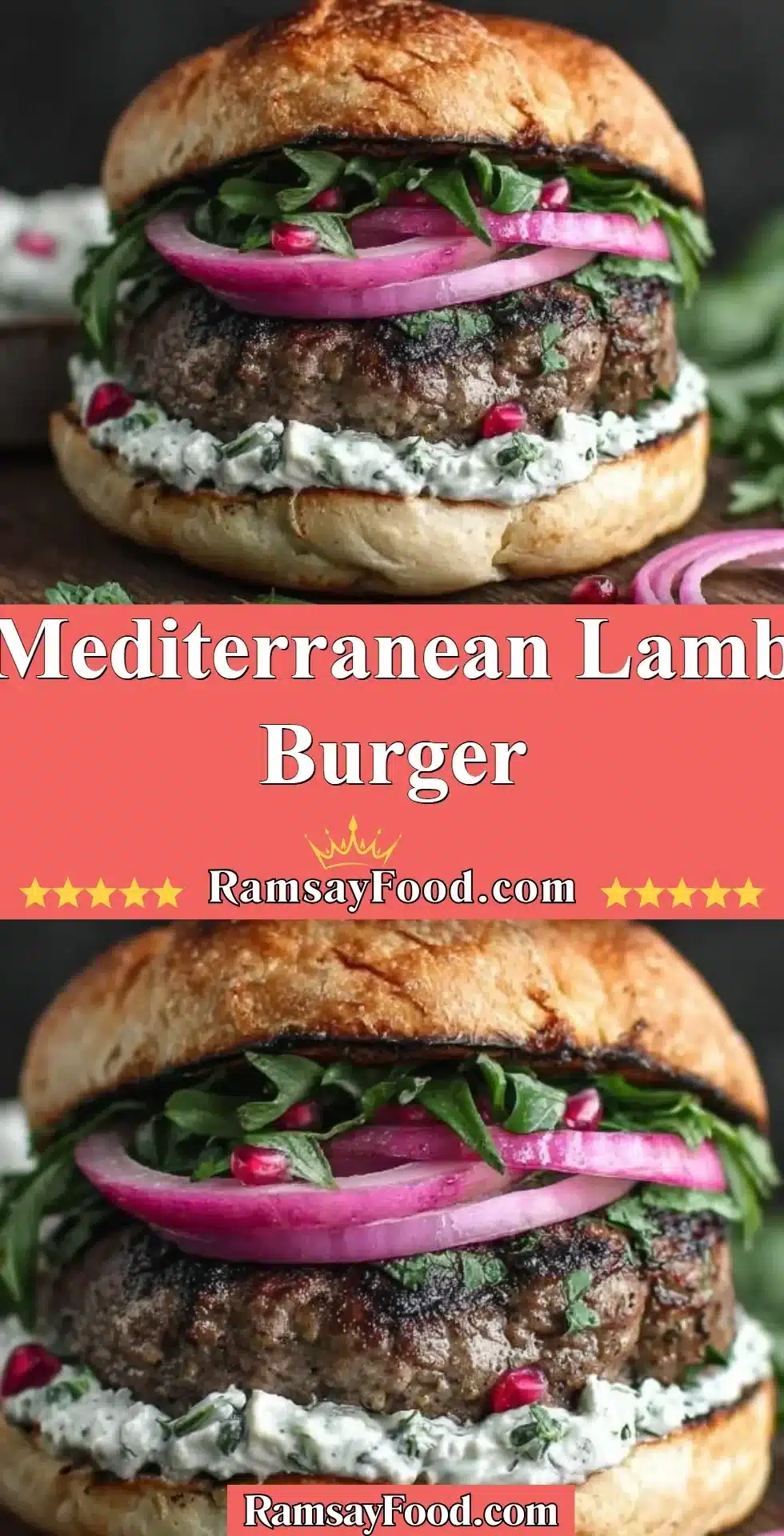 Juicy Mediterranean lamb burger served with fresh toppings and herbs