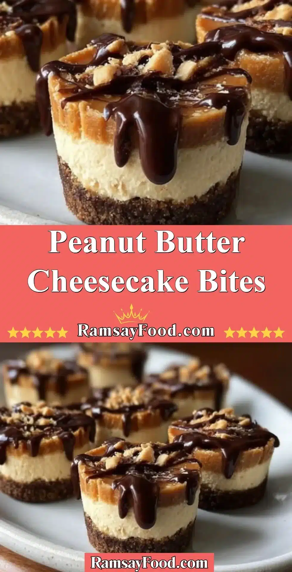Peanut Butter Cheesecake Bites 2 Delicious peanut butter cheesecake bites on a plate, topped with chocolate drizzle.
