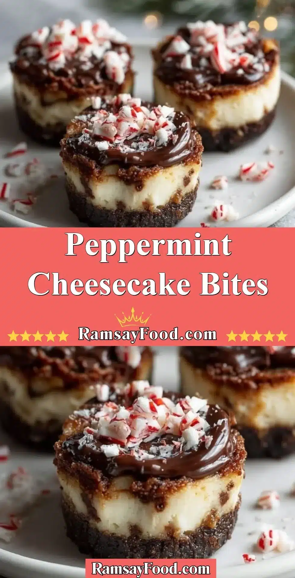 Delicious peppermint cheesecake bites decorated for the holidays
