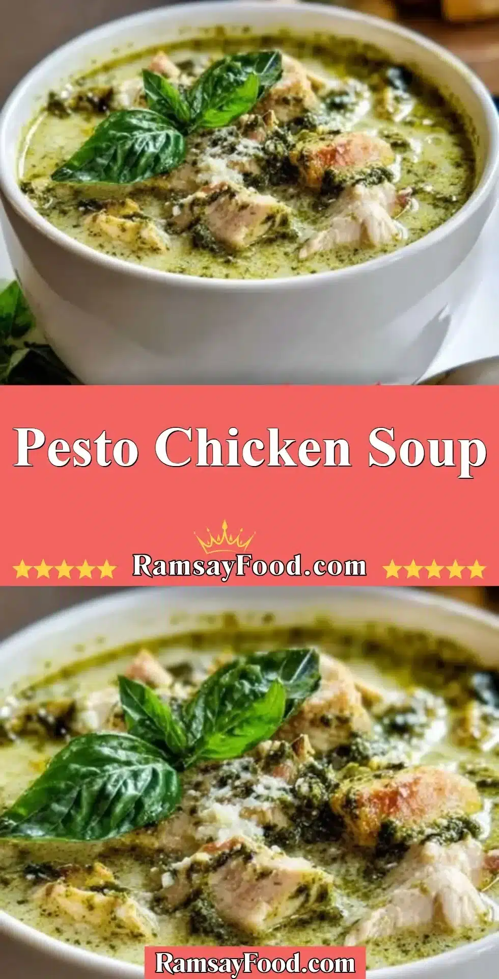 Pesto Chicken Soup 28 Bowl of pesto chicken soup garnished with fresh basil and parmesan cheese