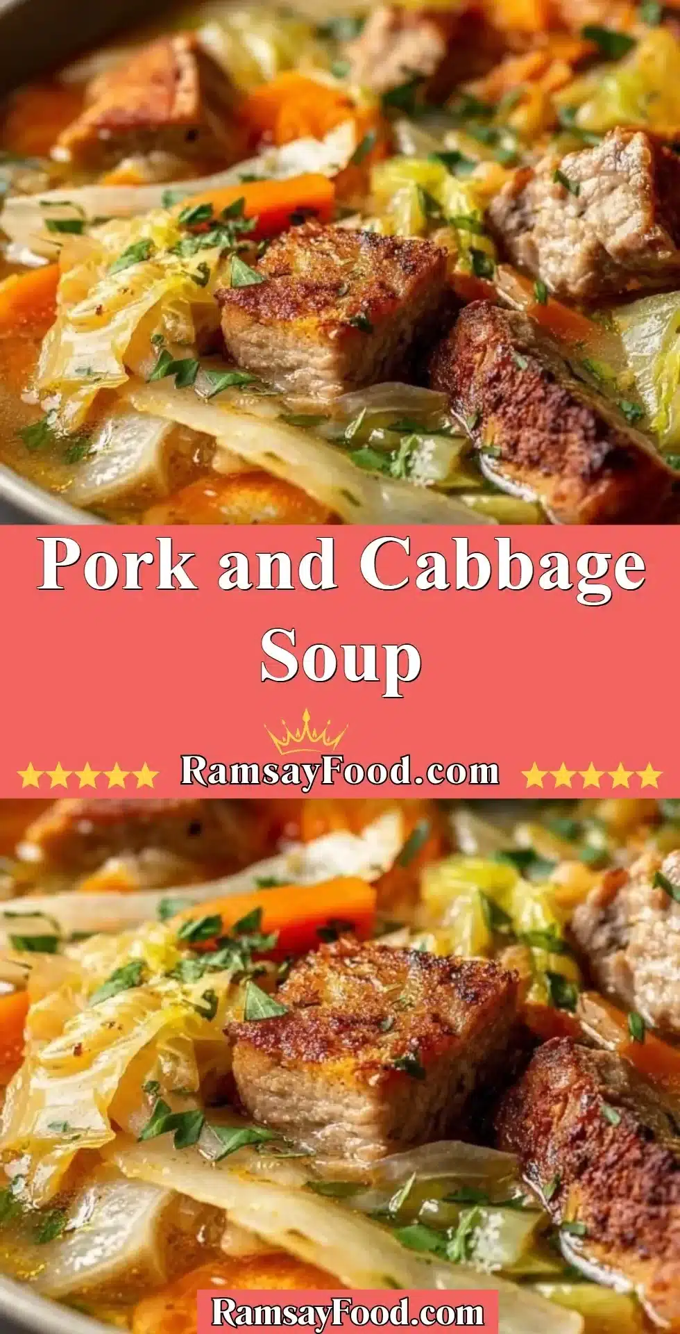 Delicious bowl of Pork and Cabbage Soup with fresh ingredients and herbs.