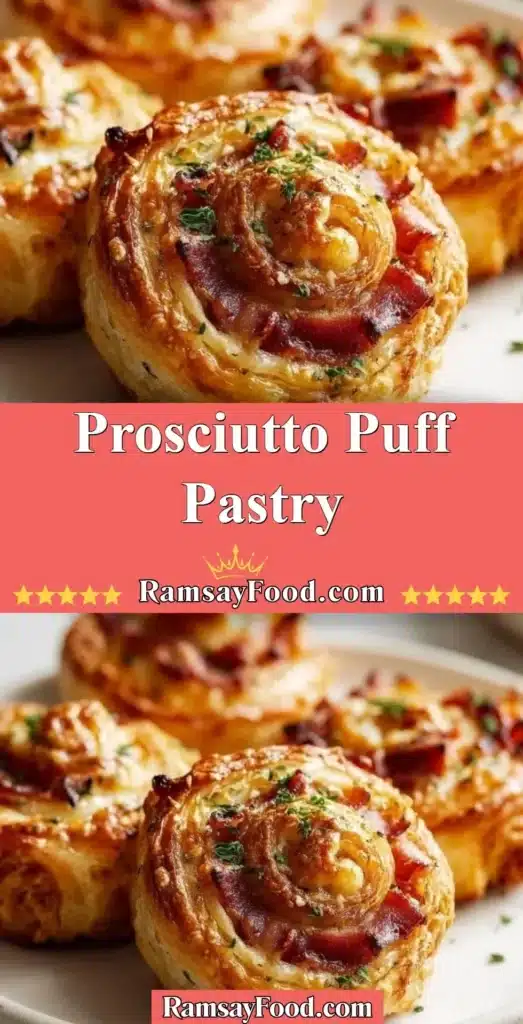Delicious prosciutto puff pastry appetizer on a rustic wooden table