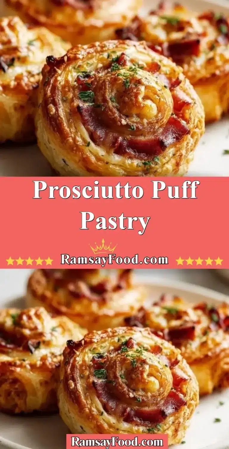 Prosciutto Puff Pastry 4 Delicious prosciutto puff pastry appetizer on a rustic wooden table