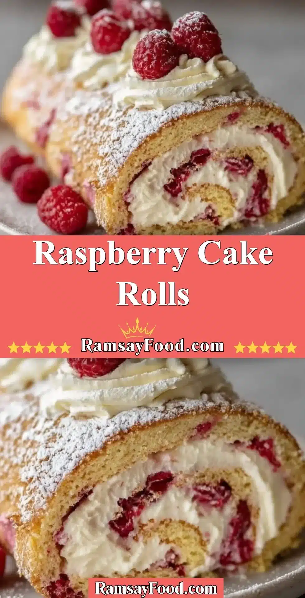 Raspberry Cake Rolls 2 Delicious raspberry cake rolls with a soft cake exterior and vibrant raspberry filling