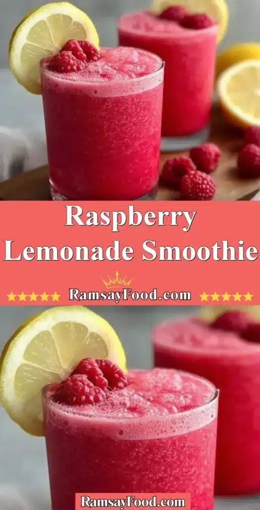 Delicious raspberry lemonade smoothie in a glass with fresh raspberries and lemon slices