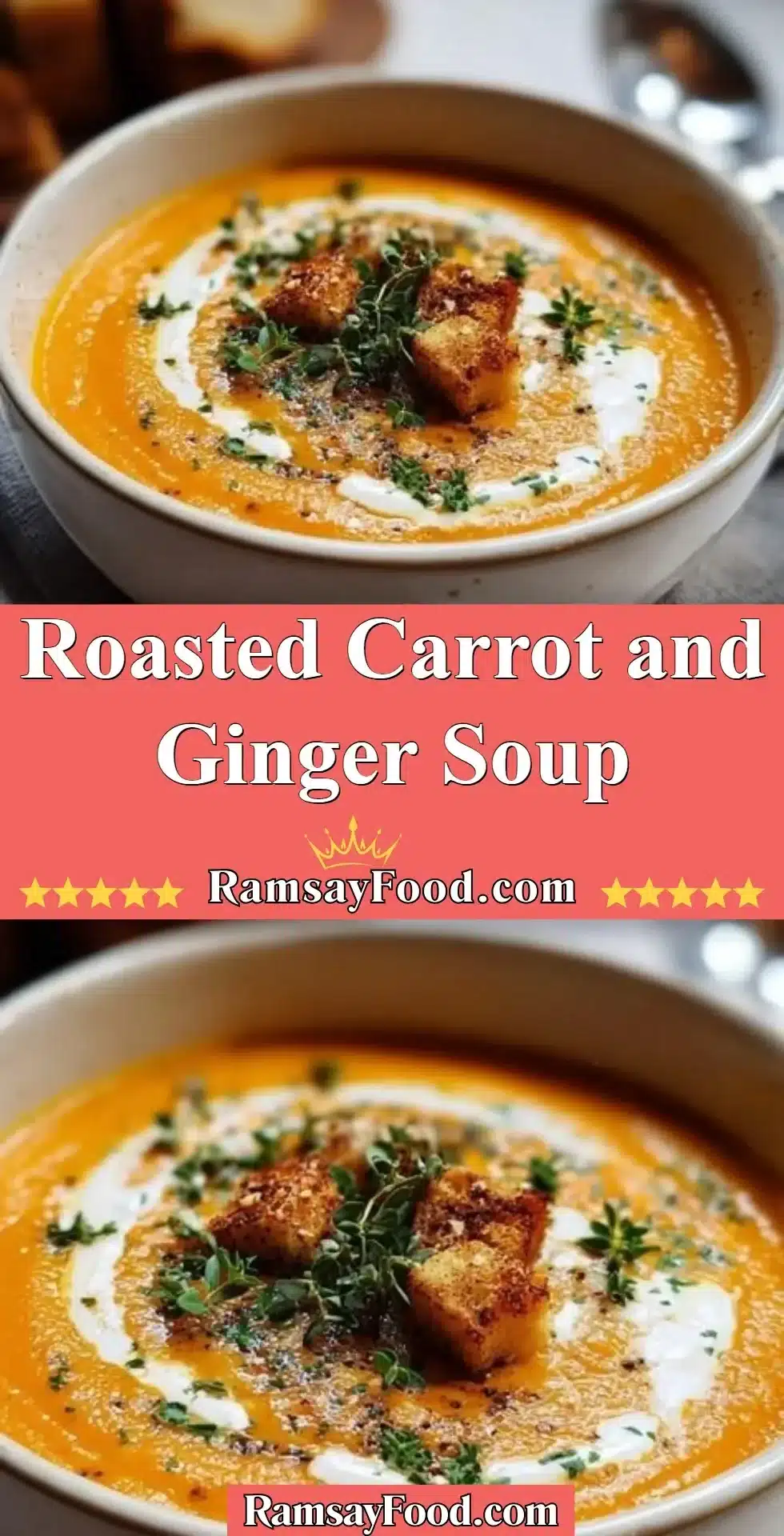 Roasted Carrot and Ginger Soup 20 Bowl of roasted carrot ginger soup garnished with fresh herbs