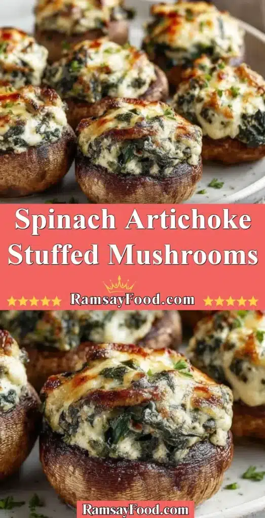 Delicious spinach artichoke stuffed mushrooms served on a platter