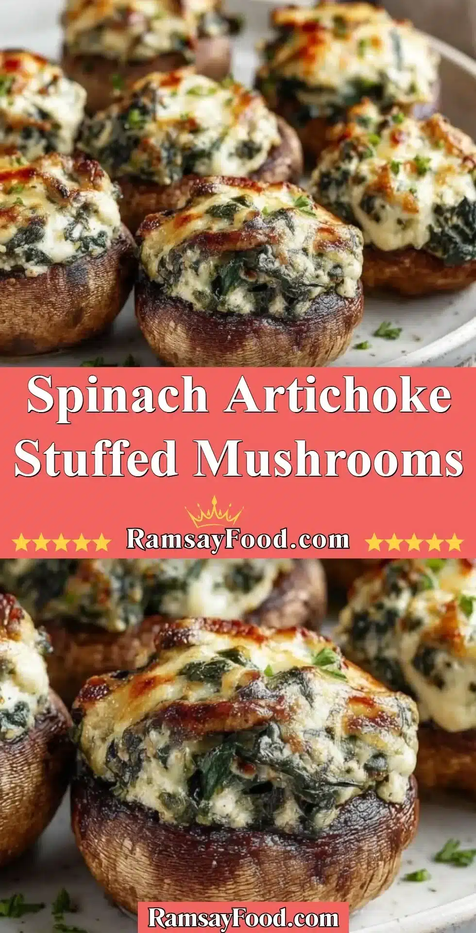 Spinach Artichoke Stuffed Mushrooms 16 Delicious spinach artichoke stuffed mushrooms served on a platter