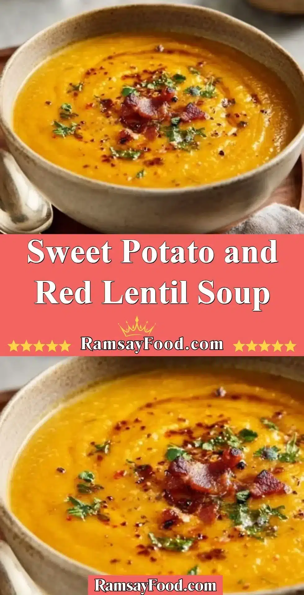 Sweet Potato and Red Lentil Soup 21 Bowl of Sweet Potato and Red Lentil Soup garnished with herbs.