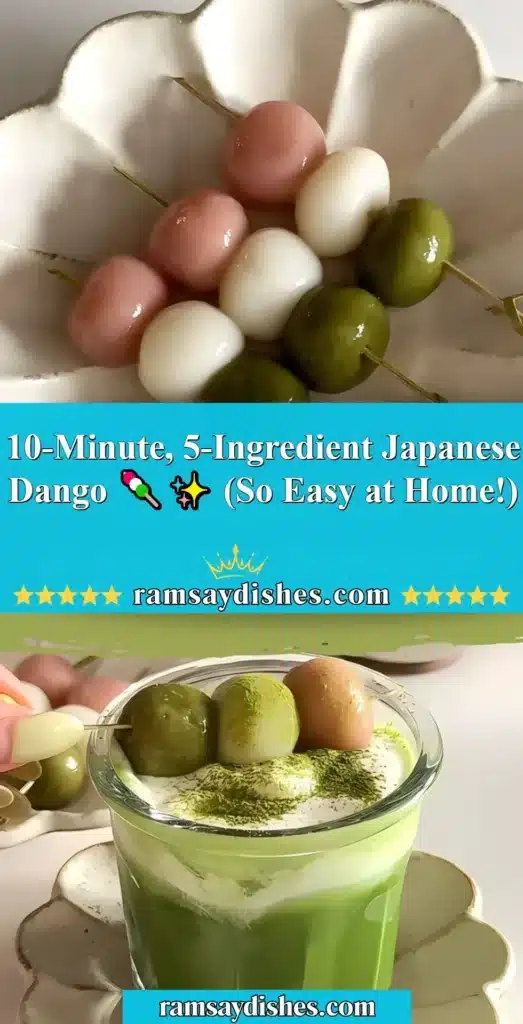 Five colorful Japanese Dango skewers served on a plate