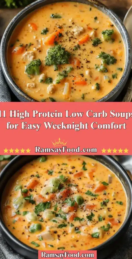 Bowl of high protein low carb soup garnished with herbs and ingredients