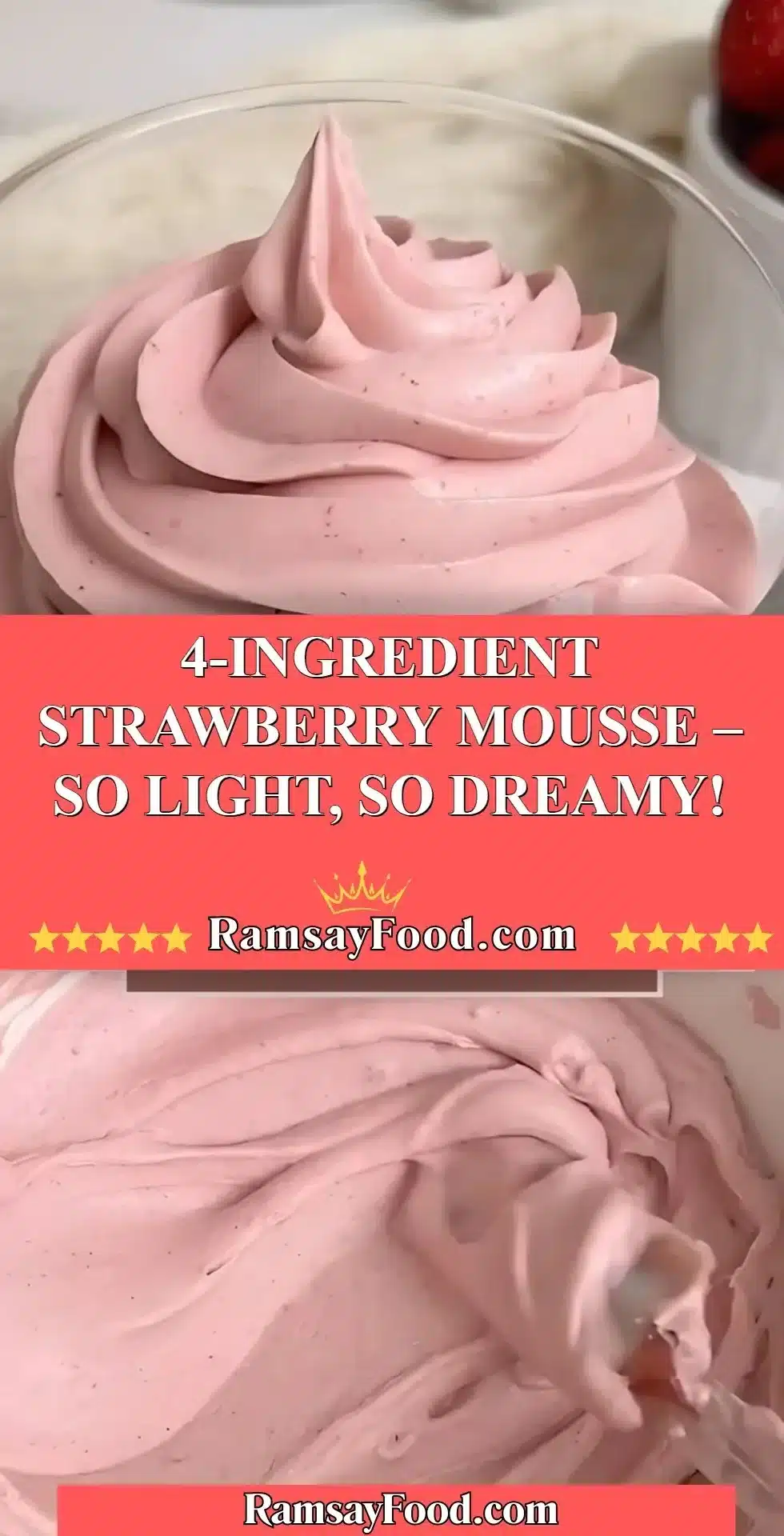 Delicious 4-Ingredient Strawberry Mousse in a dessert bowl with fresh strawberries on top