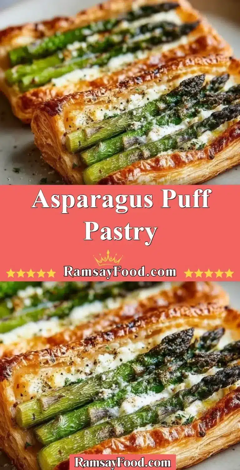 Asparagus Puff Pastry 5 Delicious asparagus puff pastry served on a plate, garnished with herbs.