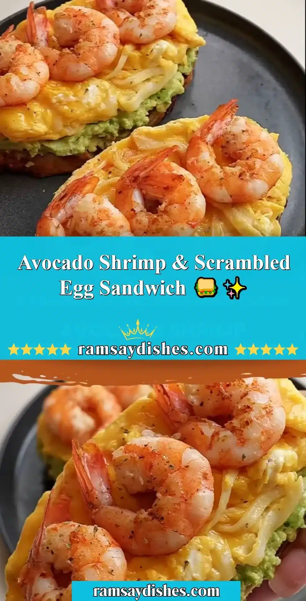 Avocado Shrimp & Scrambled Egg Sandwich 🥪✨ 2 Avocado Shrimp Sandwich with scrambled eggs, delicious and healthy brunch option.