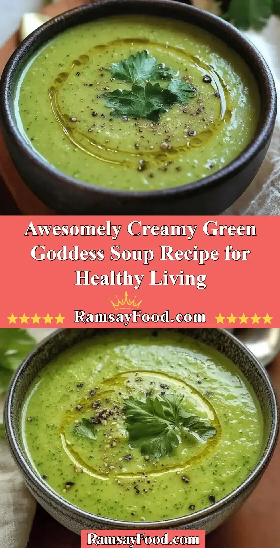 Awesomely Creamy Green Goddess Soup Recipe for Healthy Living 2 Bowl of creamy Green Goddess Soup garnished with fresh herbs and greens.