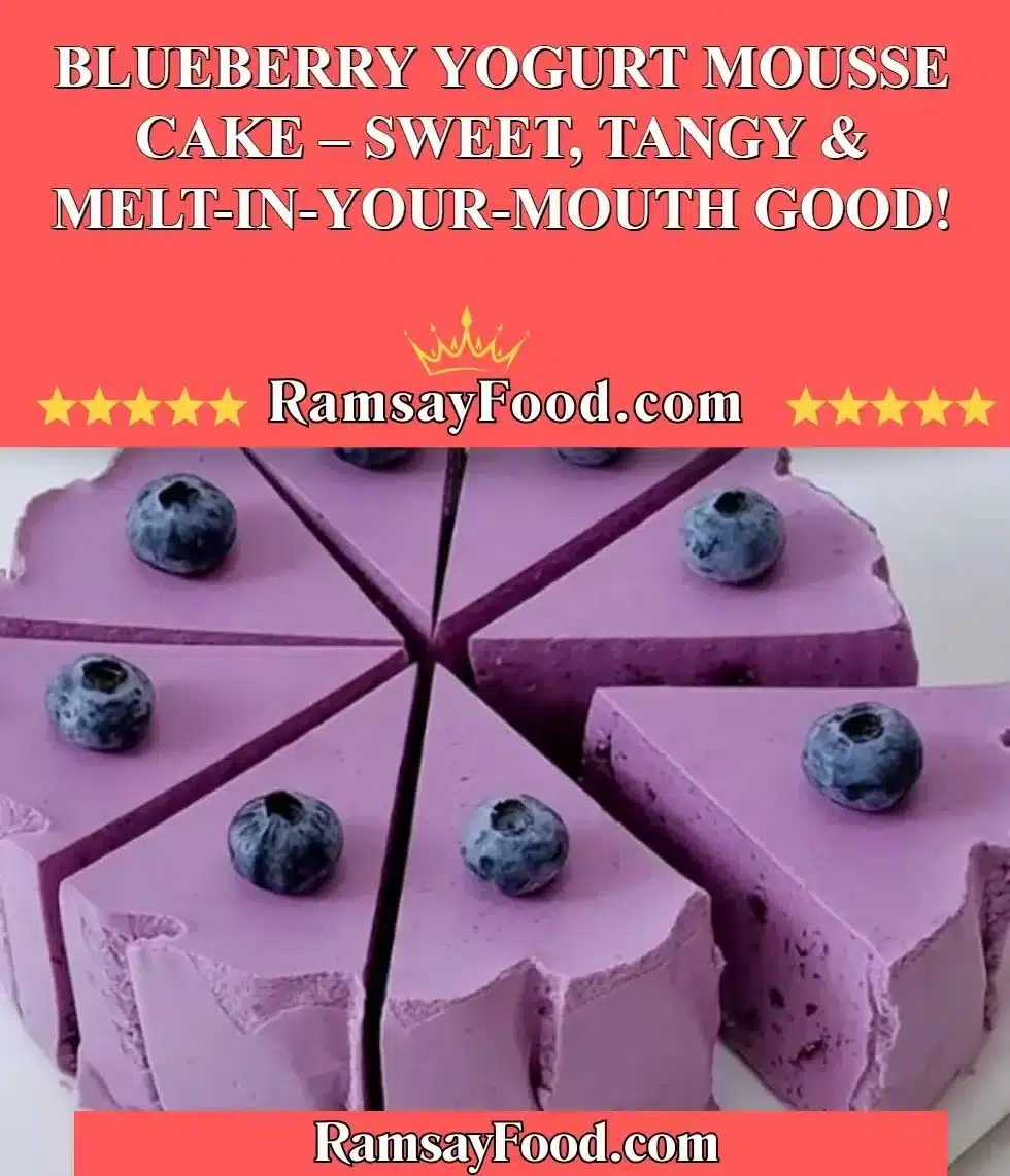 Delicious blueberry yogurt mousse cake topped with fresh blueberries and mint