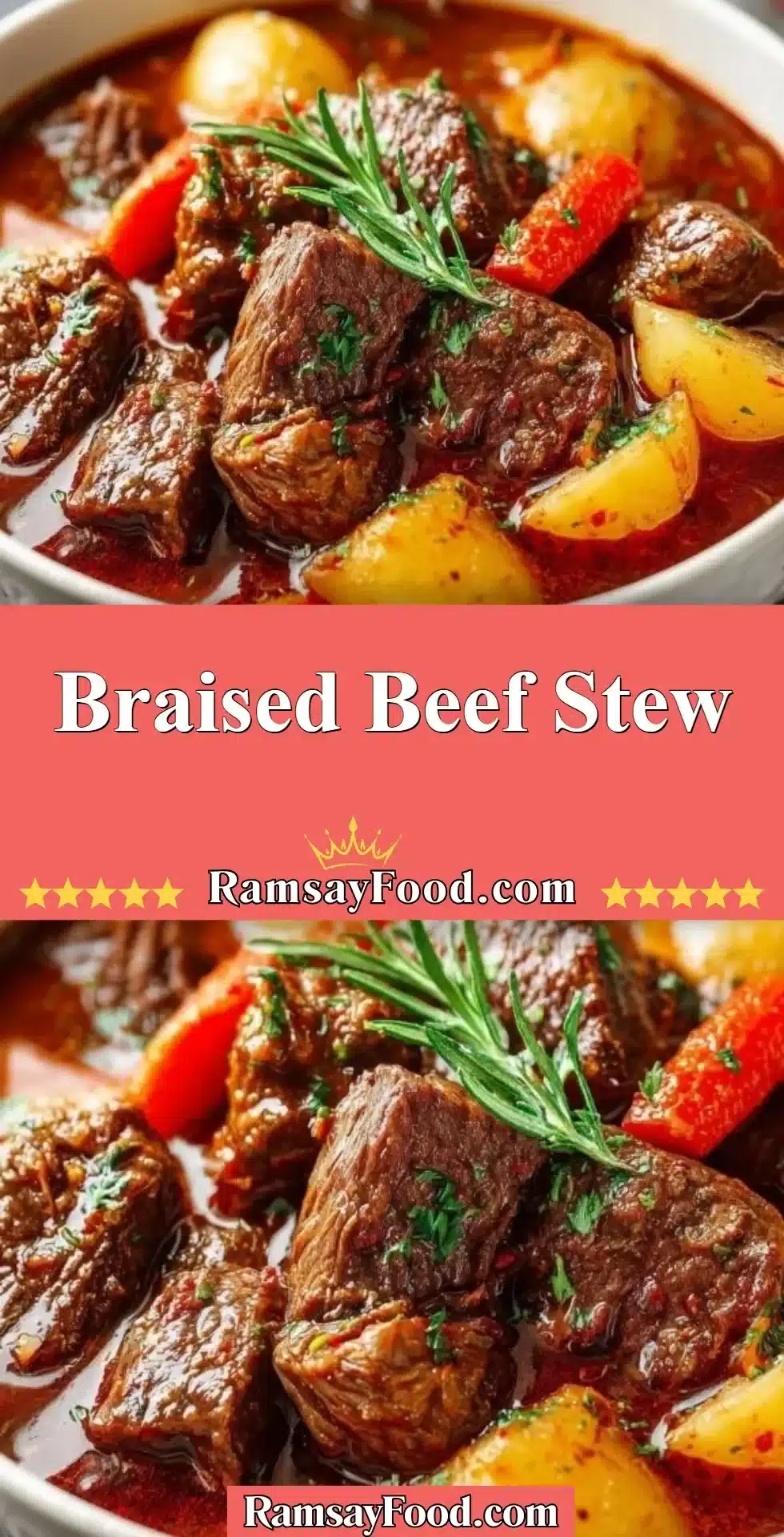 Delicious bowl of braised beef stew with vegetables and herbs