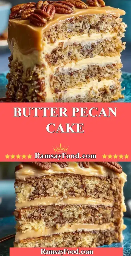 Delicious Butter Pecan Cake topped with pecans and creamy frosting