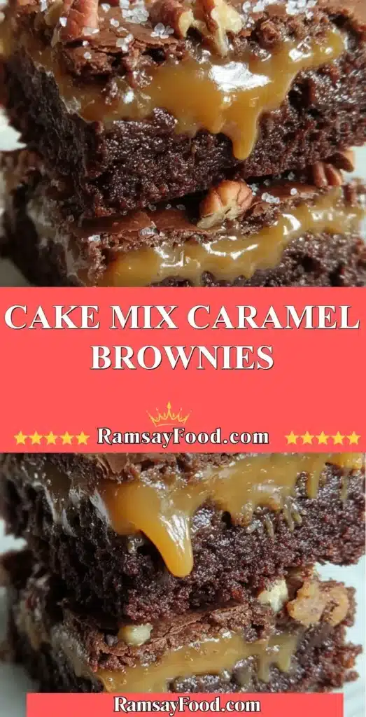 Delicious cake mix caramel brownies topped with gooey caramel sauce