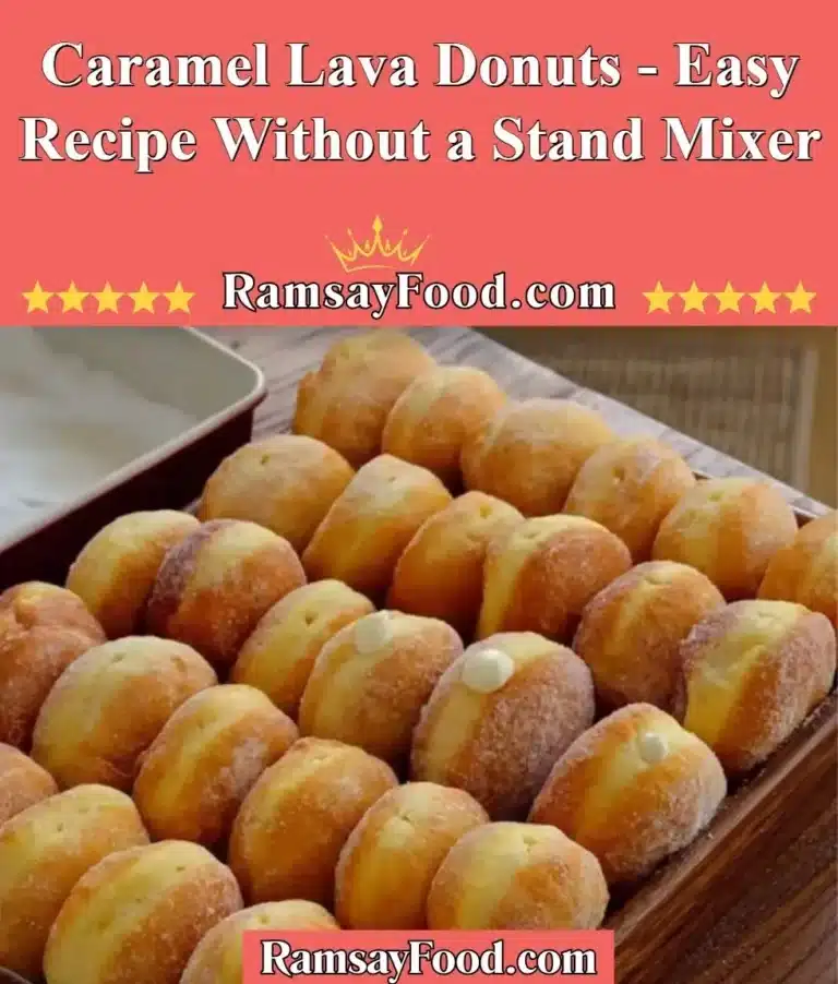 Caramel Lava Donuts - Easy Recipe Without a Stand Mixer 5 Delicious caramel lava donuts drizzled with caramel sauce on a plate