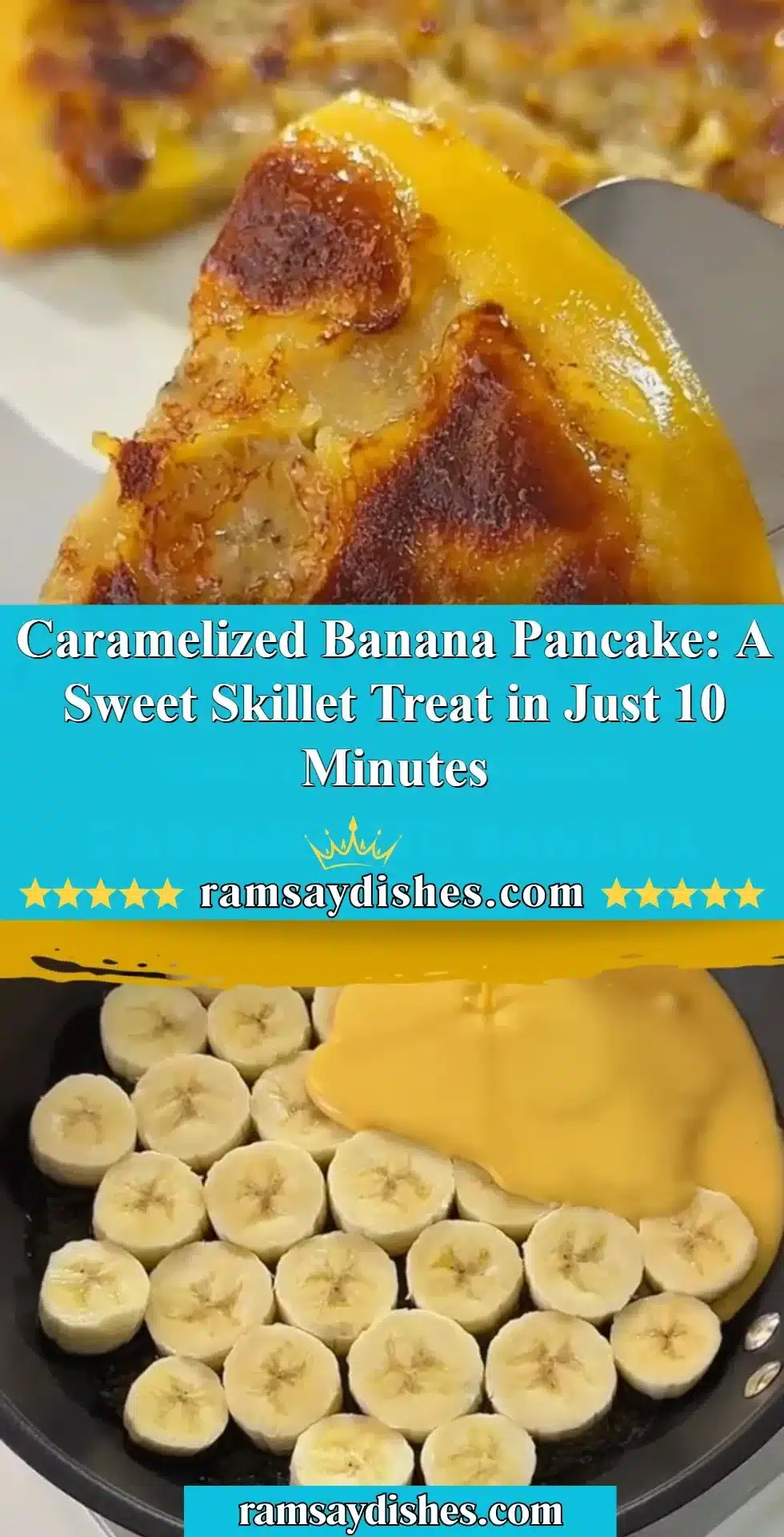 Delicious caramelized banana pancake served in a skillet