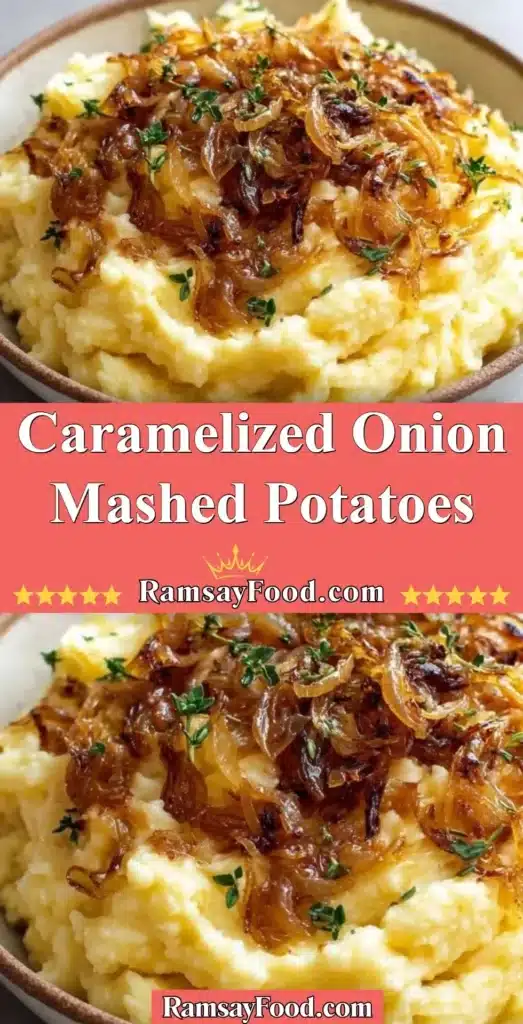 Creamy caramelized onion mashed potatoes in a bowl ready to serve.