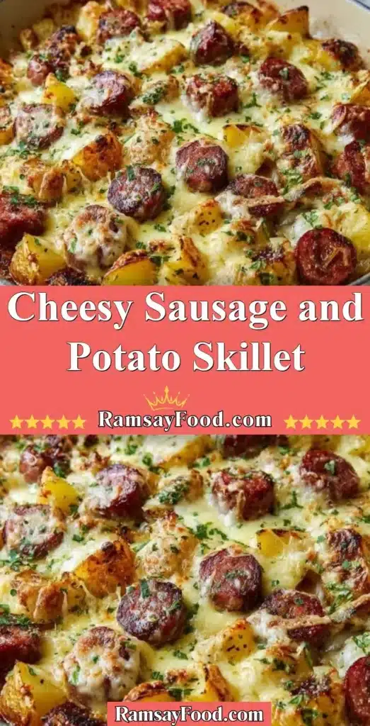 Cheesy Sausage and Potato Skillet dish with crispy sausage and tender potatoes.