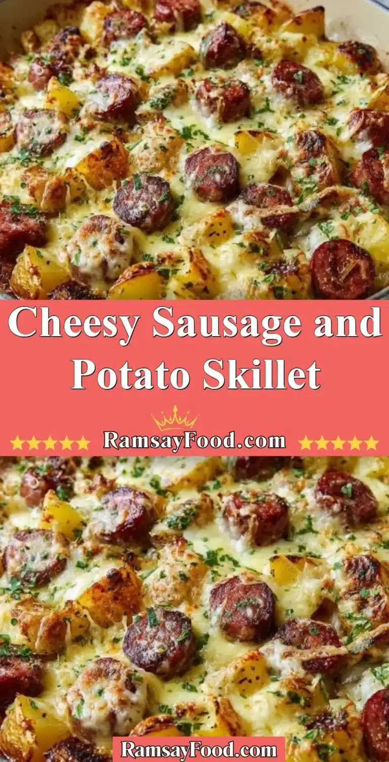 Cheesy Sausage and Potato Skillet dish with crispy sausage and tender potatoes.