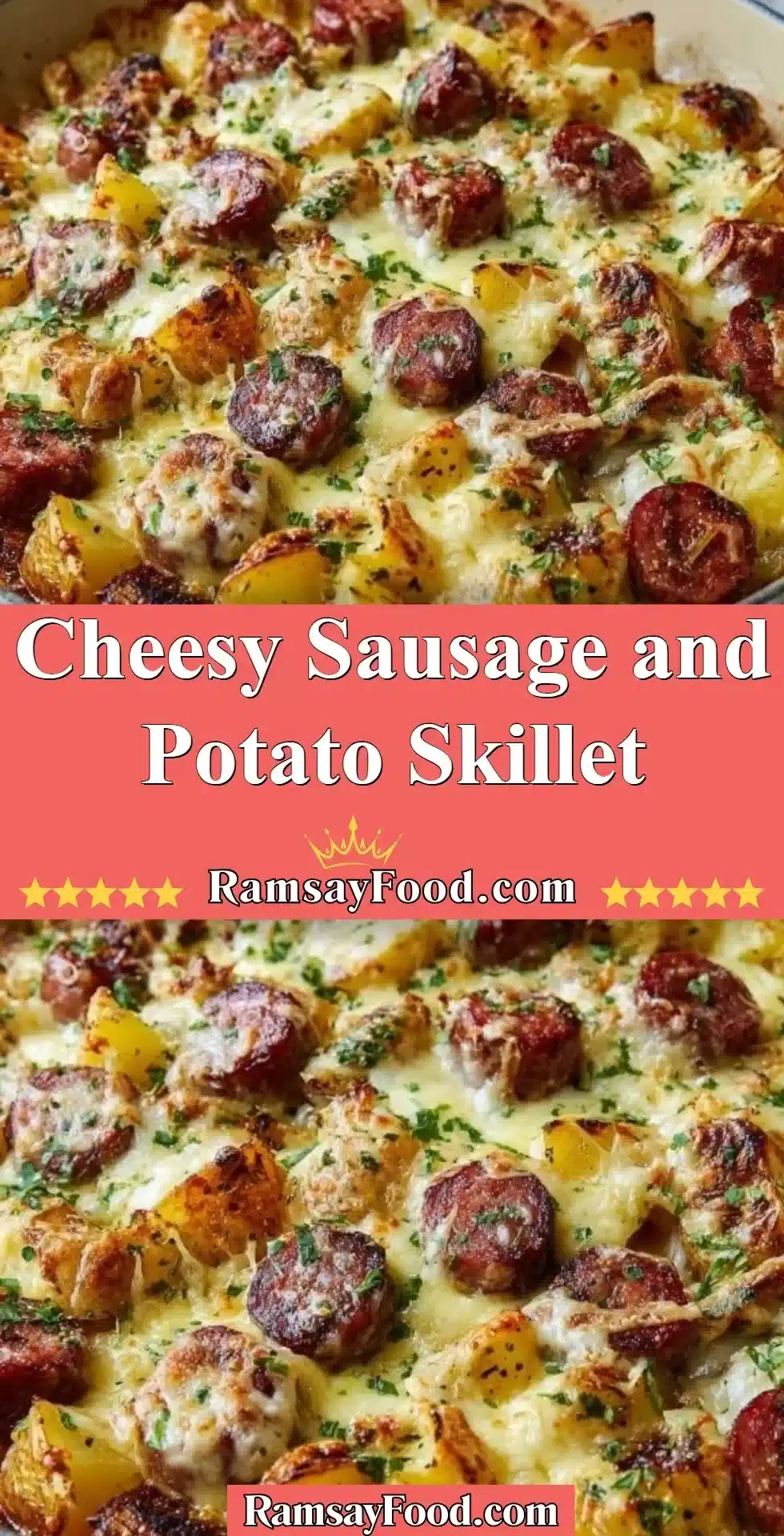 Cheesy Sausage and Potato Skillet dish with crispy sausage and tender potatoes.