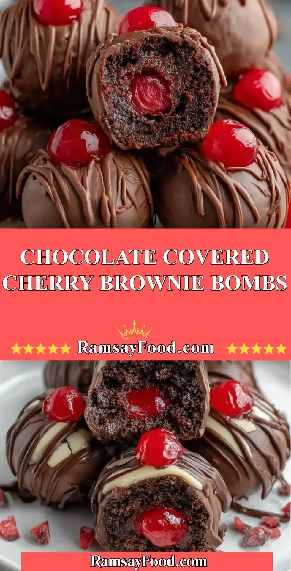 Chocolate Covered Cherry Brownie Bombs 2 Chocolate covered cherry brownie bombs arranged on a plate