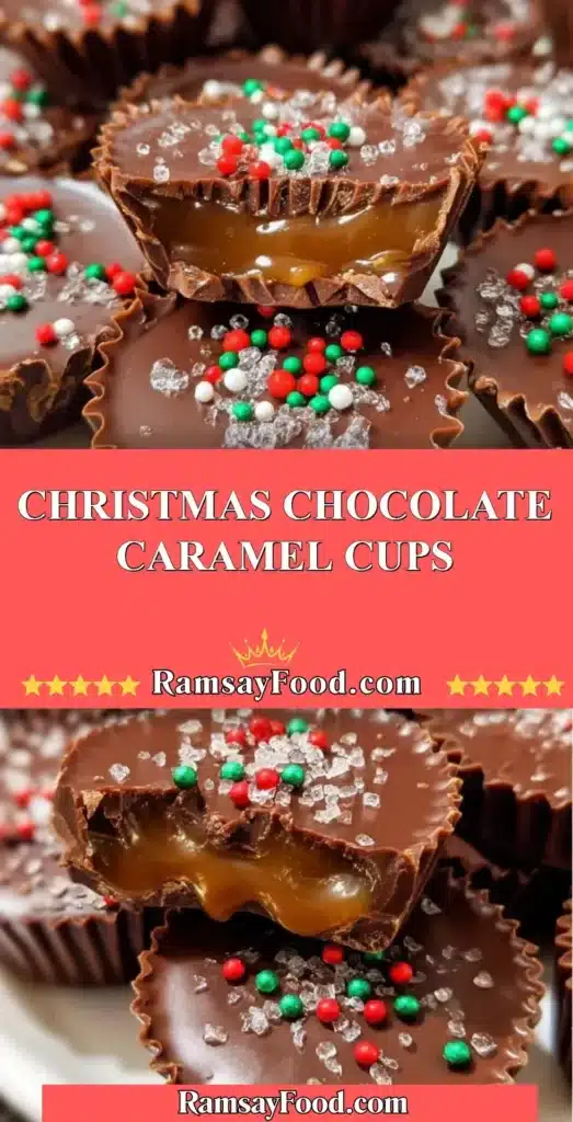 Delicious Christmas chocolate caramel cups topped with festive decorations.